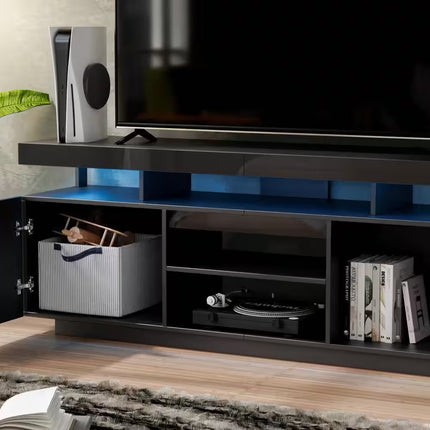 63.78 In. Modern Black TV Stand Fits Tvs up to 70 In. with RGB LED Light Strip and Outlets