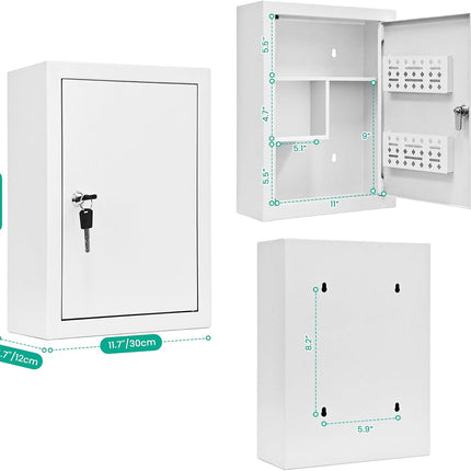 Metal Locking Wall-Mounted Medicine Cabinet, Bathroom Medicine Cabinet Organizer with 3 Compartments & 2 Door Storage Bins, First Aid Cabinet for Home Bathroom Office, Weekly Pill Organizer Included