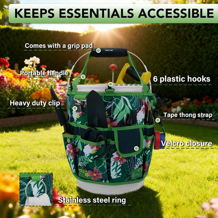 Bucket Tool Organizer 5 Gallon 18-Pocket Gardening Tool Bag with Hangable Handle | Garden Caddy & Bucket Accessory, Green