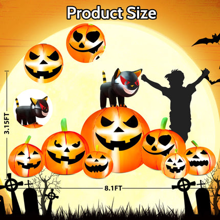 8.1Ft Halloween Inflatable Blow up Pumpkin Decoration,7 Glitter Pumpkins with Black Cat,Built-In LED Lights for Halloween Holiday,Yard,Garden,Lawn
