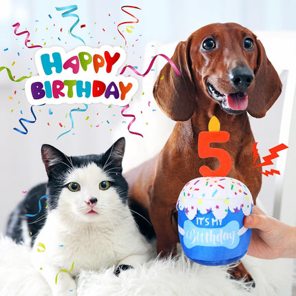 Dog Birthday Cake Toy Squeaky Plush Gift,5Th,Blue