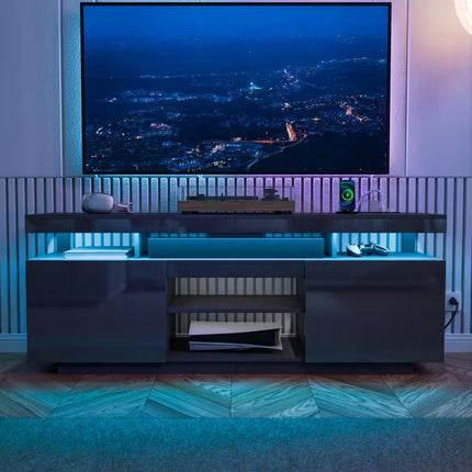 63.78 In. Modern Black TV Stand Fits Tvs up to 70 In. with RGB LED Light Strip and Outlets