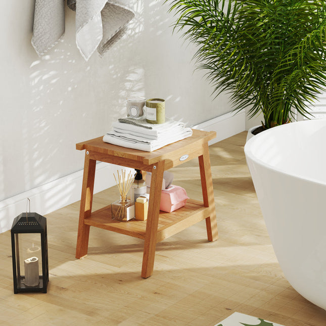 20 Inches Teak Wood Shower Bench with Storage Shelf and Adjustable Foot Pads