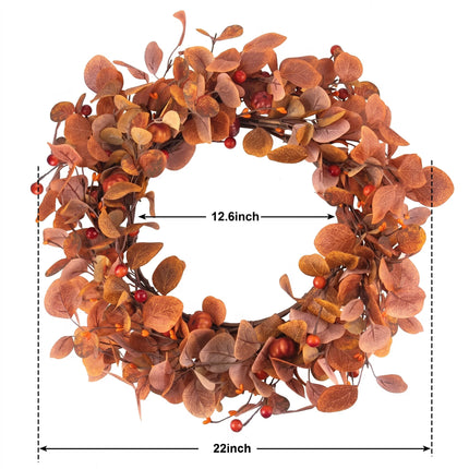 Fall Wreaths for Front Door, 22" Artificial Eucalyptus Leaves Autumn Wreaths Modern Farmhouse Fall Decoration for Home