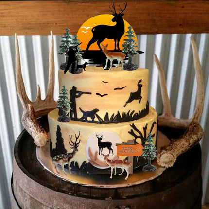 13PCS Deer Hunter Cake Decoration Set - Green Camo Hunting Birthday Decorations for Camo Camping Hunting Birthday Baby Shower Party Supplies
