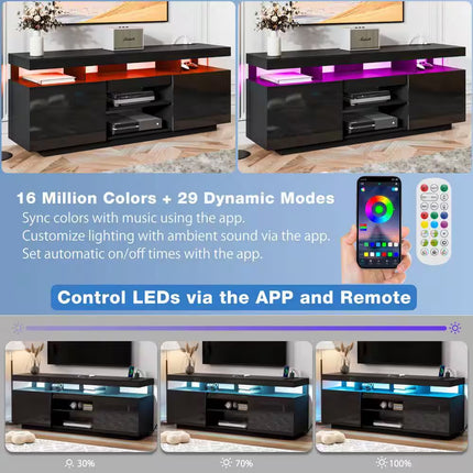 63.78 In. Modern Black TV Stand Fits Tvs up to 70 In. with RGB LED Light Strip and Outlets