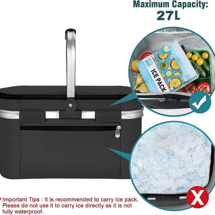 MUZOOY Insulated Cooler Bag Picnic Basket,Leakproof Collapsible Portable Cooler， Premium Folding Basket, Foldable Insulated Basket