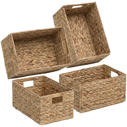 Rectangular Natural Water Hyacinth Hand Woven Rattan Wicker Storage Basket Set with Iron Wire Frame