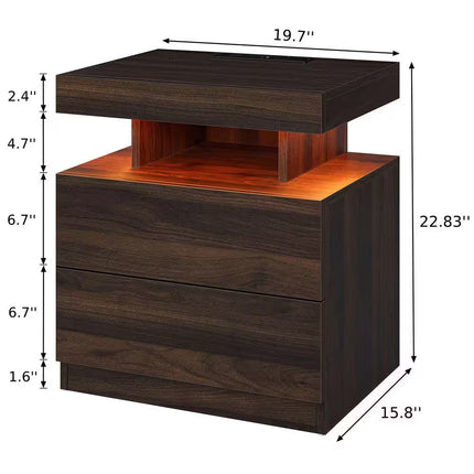 Modern Walnut 2-Drawer 19.7 In. W Nightstand with Smart LED Light and Wireless Charging Station