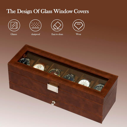 Watch Box for Men, 6 Slot Watch Case with Glass Lid Fits 48Mm
