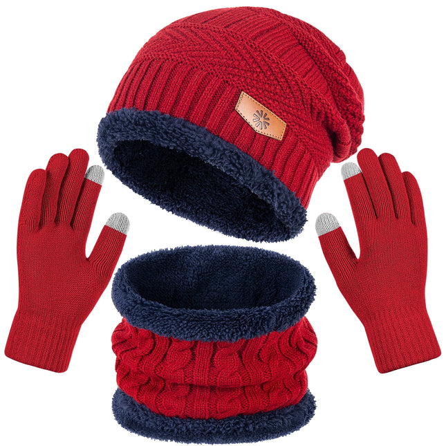 Men'S Winter Beanie Hat Scarf and Touch Screen Gloves Set for Women,Red