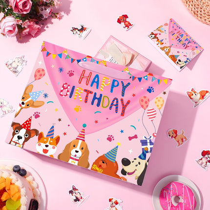 Dog Birthday Gift Bag Pink Puppy Happy Birthday Bags with Tissue Paper Greeting Card Large Cartoon Dogs Wrapping Bag for Boys Girls Dog Lover Pink Pet Bday Party Favors Supplies Decorations