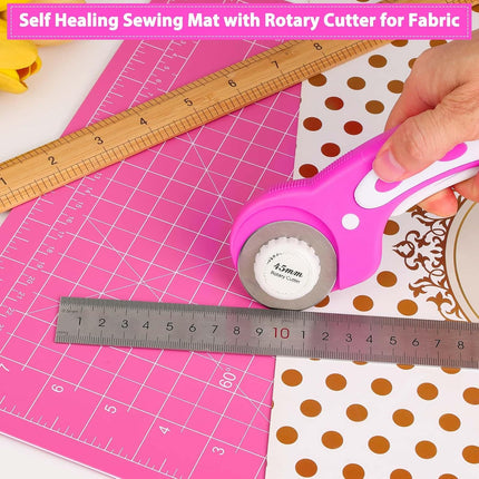 Rotary Cutter and Mat Set,  Self Healing Sewing Mats Shirt Cutter 45Mm Fabric Cutter Wheel with 2 Blades Rotary Cutting Mat for Crafts Fabric Quilting Hobby (9" X 12" (A4)