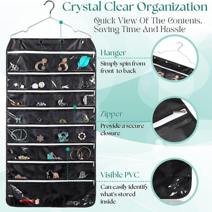 Hanging Jewelry Organizer with Zippered Pockets - (1 Pack) Black Closet Jewelry Organizer Storage with Hanger, 56 Pockets Dual Sided Earring Organizer Hanging for Bracelets, Watches, Ring