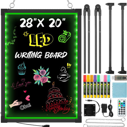 LED Message Board, 28"X20" Flashing Neon Effect & Remote Control, Illuminated Erasable Signage Board for Restaurants/Bars/Cafes, Includes 8 Fluorescent Chalk Markers