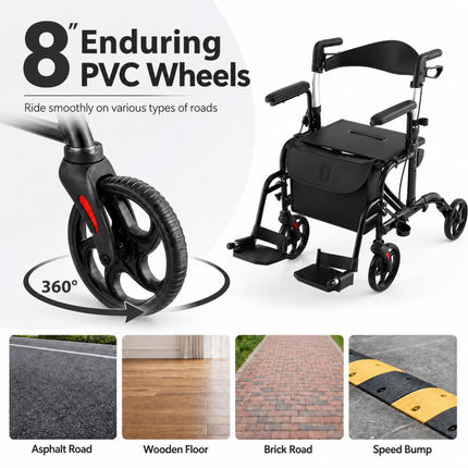 2-In-1 Folding Rollator Walker with Adjustable Handles and Reversible Backrest