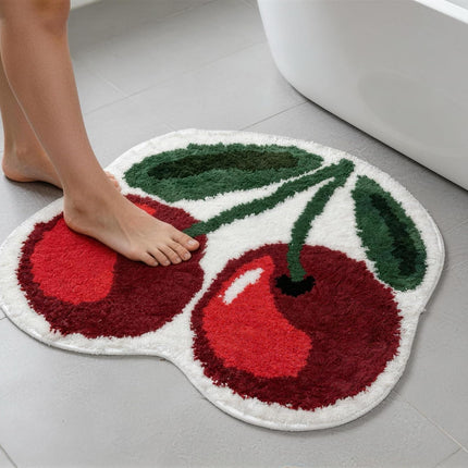 Cute Cherry Bath Mat, Non-Slip Absorbent Bath Mat Rug, Funny Cherry Bathroom Decor, Soft Flocked Bathroom Mat with Rubber Backing, 50X60Cm