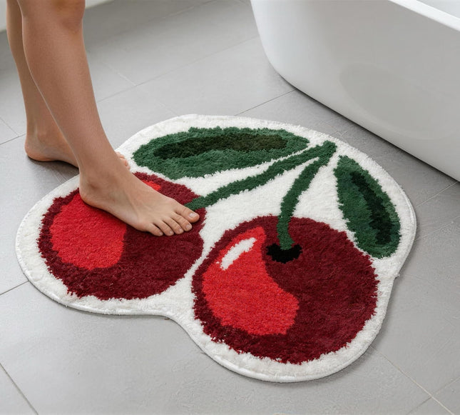 Cute Cherry Bath Mat, Non-Slip Absorbent Bath Mat Rug, Funny Cherry Bathroom Decor, Soft Flocked Bathroom Mat with Rubber Backing, 50X60Cm