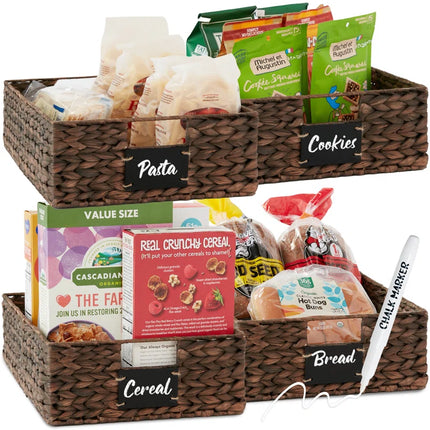 4 16X12In Woven Water Hyacinth Pantry Baskets W/ Chalkboard Label, Chalk Marker