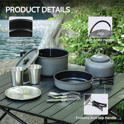 6/10/11/12/14/15/19 PCS Camping Cookware Mess Kit Camping Gear Campfire Utensils Lightweight Stackable Pot Pan Bowls Soup Spoon with Storage Bag for Camping, Backpacking, Outdoor Cooking