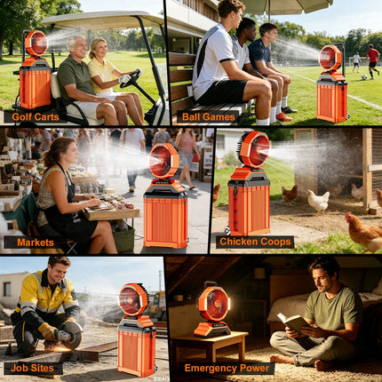 Portable Misting Fan with 15L Bucket, 30000Mah Spray Fan with Night Light, 9.5-Inch Camping Fan with Remote Control, 4 Wind Speed & 4 Spray Mister, for Patio,Fishing,Yard,Beach,Golf