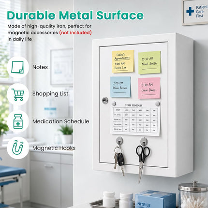 Metal Locking Wall-Mounted Medicine Cabinet, Bathroom Medicine Cabinet Organizer with 3 Compartments & 2 Door Storage Bins, First Aid Cabinet for Home Bathroom Office, Weekly Pill Organizer Included