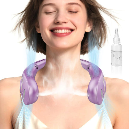 Portable Misting Neck Fans with Water Spray, Rechargeable Long Battery Life, Powerful Air Cooler with LED Display, Personal Compact Wearable Necklace Fan for Kids Adults Elderly Hot Weather, Purple