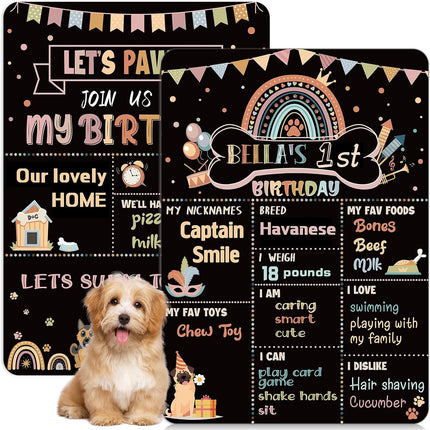Dog Birthday Chalkboard Boho Themed Dog Birthday Photo Props Rainbow Pet Milestone Chalkboard Sign for Party Supplies Double Sided Reusable Erasable 14 X 10 Inch