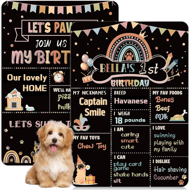 Dog Birthday Chalkboard Boho Themed Dog Birthday Photo Props Rainbow Pet Milestone Chalkboard Sign for Party Supplies Double Sided Reusable Erasable 14 X 10 Inch