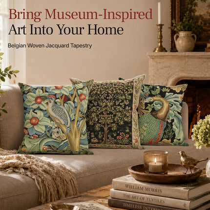 William Morris Black Peacock Woven Tapestry Throw Pillow Cover 18 X 18 In
