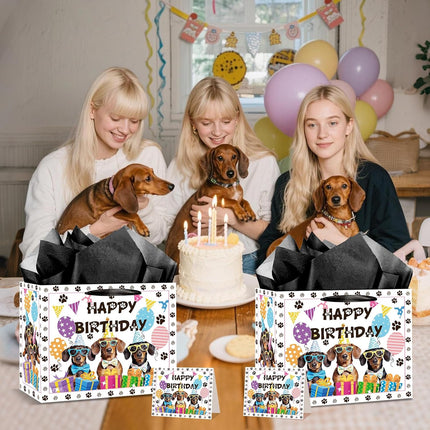 Large Dog Birthday Gift Bag Set with Tissue Paper and Greeting Card Dachshund Dogs Happy Birthday Bag Dachshund Doggy Puppy Dog Pet Paw Gift Wrapping Paper with Handles for Girl Boy Kids Men Women