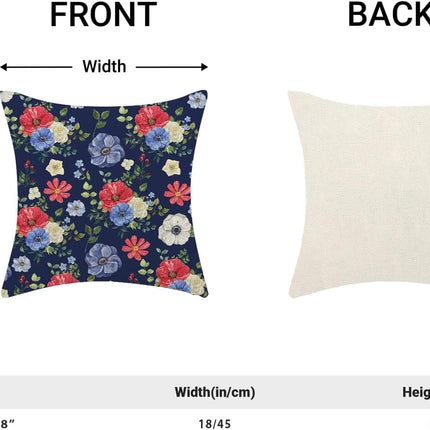 4Th of July Floral Pillow Covers 18X18 Pack of 2,Boho Blue Red Flower Throw Pillow Covers Independence Day Floral Decorative Pillowcase Farmhouse Square Cushion Cover for Couch Sofa Outdoor
