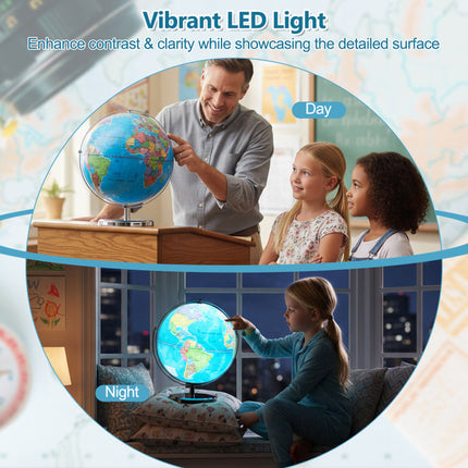 13 Inch Illuminated World Globe 720° Rotating Map with LED Light