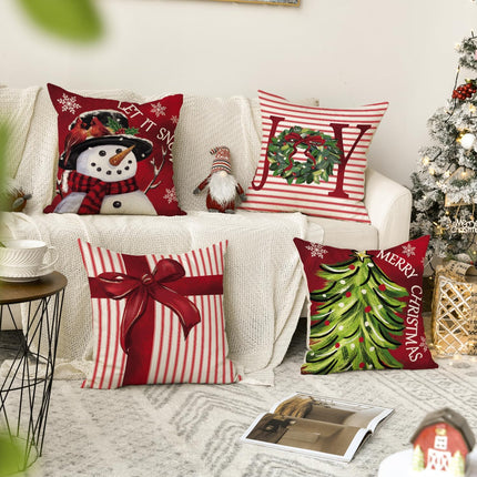 Merry Christmas Let It Snow Joy Stripes Gift Box Red Throw Pillow Covers, 20 X 20 Inch Xmas Tree Holiday Cushion Case Decoration for Sofa Couch Set of 4