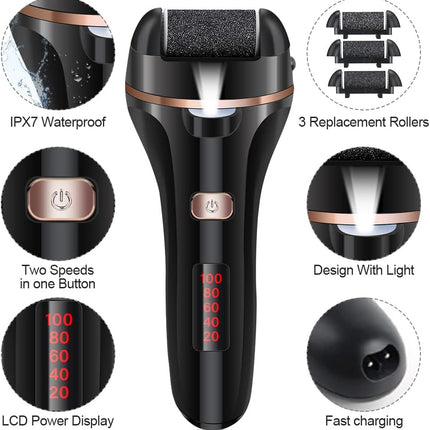 Electric Foot File Callus Remover, Rechargeable Pedicure Tools Foot Care Kit, Callus Remover for Feet with 3 Roller Heads,2 Speed for Remove Cracked Heels Calluses and Hard Skin