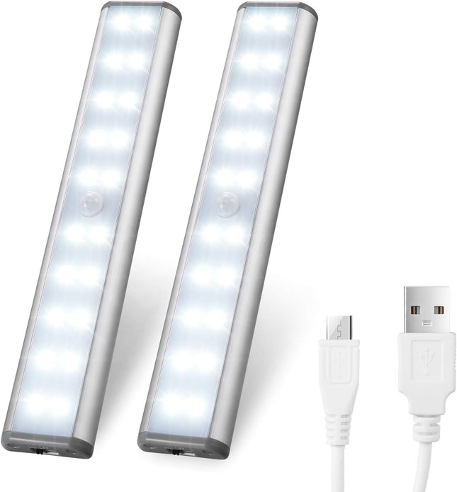 Motion Sensor Cabinet Lights,Usb Rechargeable 20 LED Portable Cordless Closet Lighting,Wireless under Counter Light Bar, Magnetic Removable Stick-On Anywhere for Wardrobe/Cupboard/Stairs (2 Pack)
