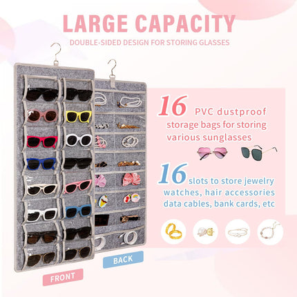 Dual Sided Sunglasses Storage Organizer Case, Eyeglasses Holder Wall Mounted with 32 Clear Slots & Metal Hook, Dust Proof Sunglasses Storage Case