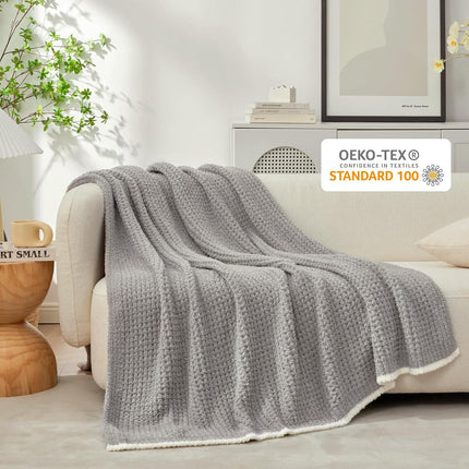 Ultra Soft Waffle Throw Blanket for Couch Bed Sofa 50X60 Inches, Reversible Grey Blanket Microfiber Fluffy Fuzzy Cozy Knit Throws for Women Mothers Birthday Gifts