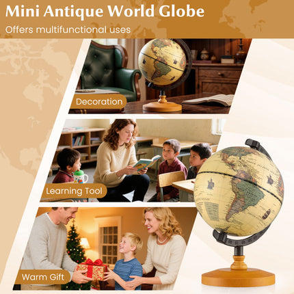 Antique Globe Dia 5.5 Inch Mini Rotating World Globe with Wooden Base