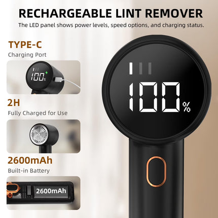 Fabric Shaver, Lint Remover Rechargeable, Electric Portable Sweater Defuzzer with 3 Speeds, 6 Leaf Blades,Digital LED Display to Remove Pilling for Clothes, Furniture, Sweater,Blanket