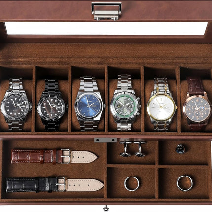 Watch Box for Men, 6 Slot Watch Case with Glass Lid Fits 48Mm
