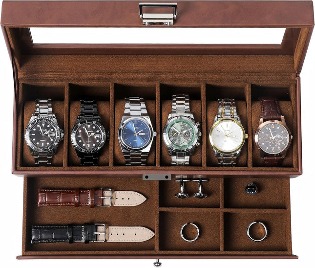 Watch Box for Men, 6 Slot Watch Case with Glass Lid Fits 48Mm