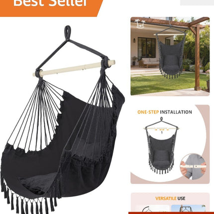XXL Macrame Hammock Chair - Comfortable Indoor/Outdoor Swing with Drink Holder