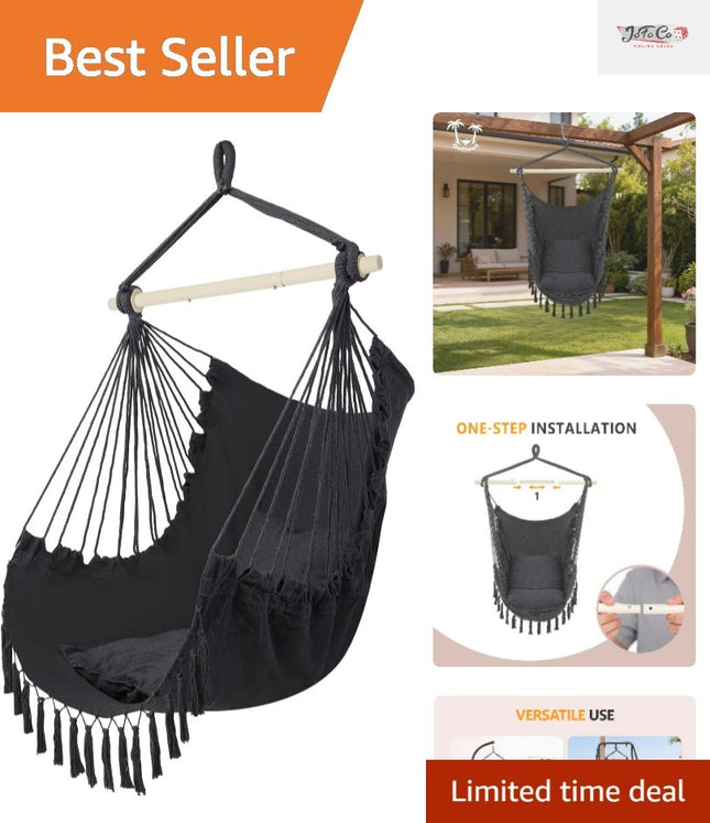 XXL Macrame Hammock Chair - Comfortable Indoor/Outdoor Swing with Drink Holder