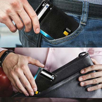 Slim Front Pocket Leather Wallet for Men and Women, RFID Blocking Minimalist Wallet with Clear ID Window, Slim Bussiness Card Holder Gift for Men Women