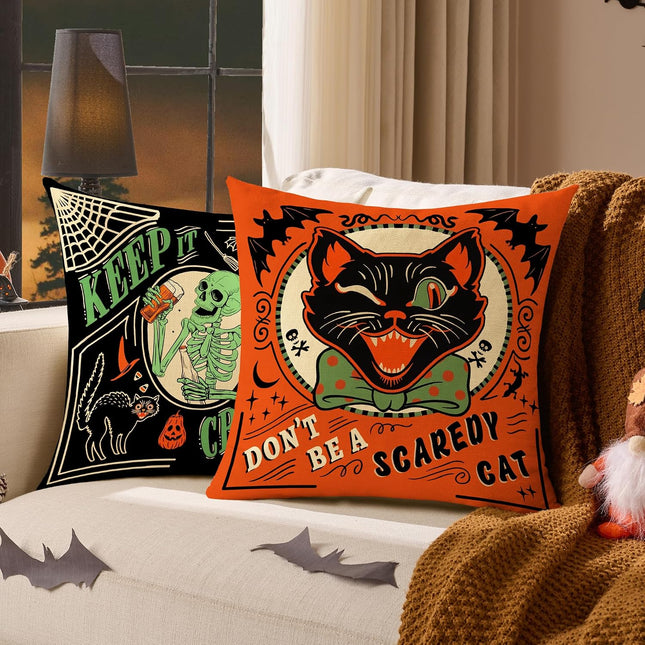 Vintage Halloween Decor Pillow Covers 18X18 Inch,Set of 4 Fall Decoration Indoor Outdoor Throw Pillow Covers, Keep It Creepy Ghost Black Green Linen Cushion Case for Home Sofa Couch Bedroom Chair