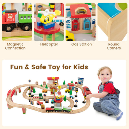 84-Piece Wooden Train Set with Reversible and Detachable Tabletop