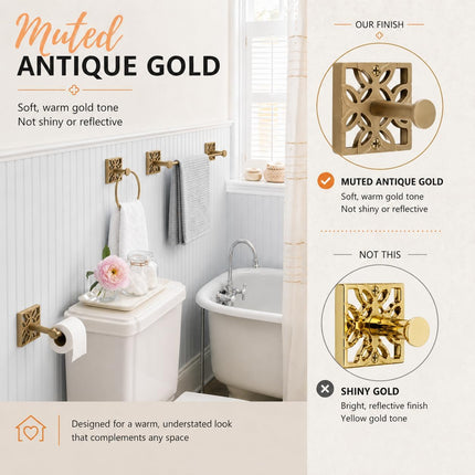 5-Piece Bathroom Hardware Set – Antique Gold (Muted Finish – Not Shiny), Wall Mounted Towel Bar, Towel Ring, Toilet Paper Holder & Robe Hooks, Bathroom Accessories Set Complete