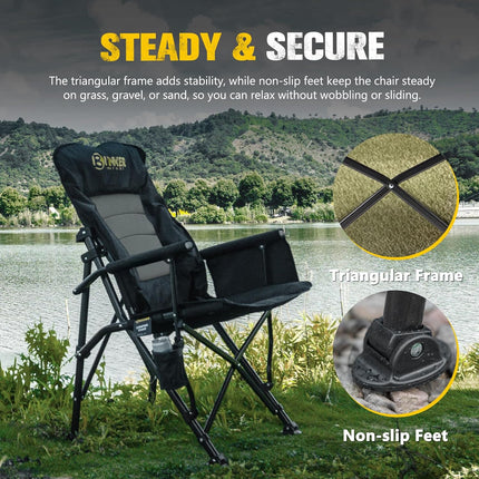 Folding Camping Chair, Oversized with Padded Cushion, Outdoor Chair with Cup Holder Storage Pockets, Adjustable High Backrest Supports 450 LBS for Beach, Fishing, Overland Trips