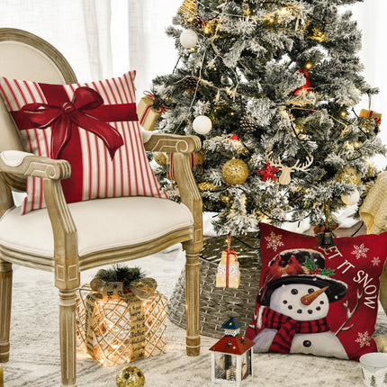 Merry Christmas Let It Snow Joy Stripes Gift Box Red Throw Pillow Covers, 20 X 20 Inch Xmas Tree Holiday Cushion Case Decoration for Sofa Couch Set of 4